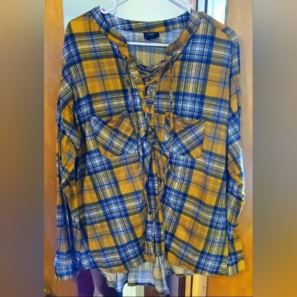 *CLEARÀNCE* Women's Rue21 rue+ Flannel Yellow Blue Plaid Lace Up LS Shirt 3X